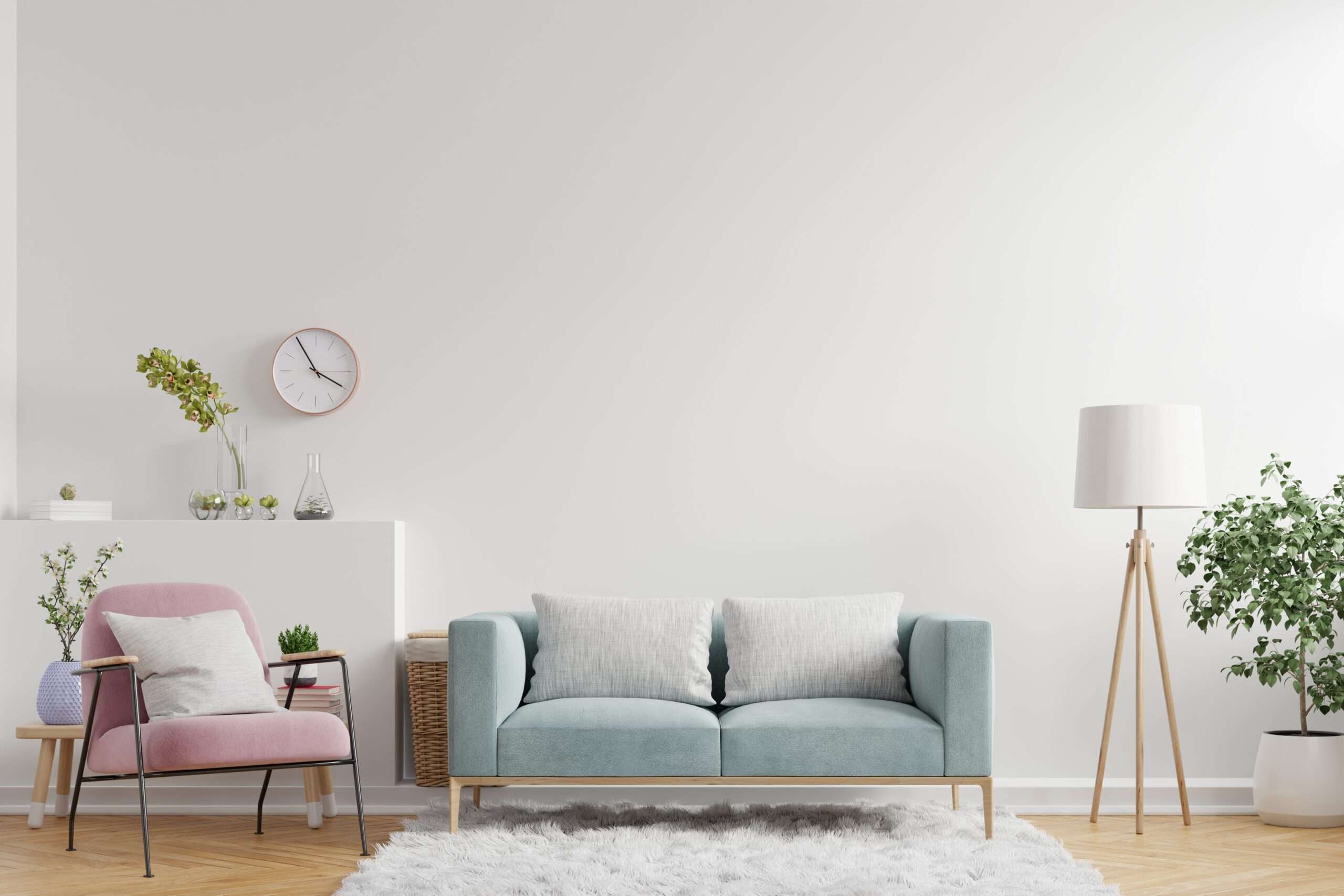 Living room interior wall mockup have sofa,armchair and decoration. Best furniture store in Riyadh