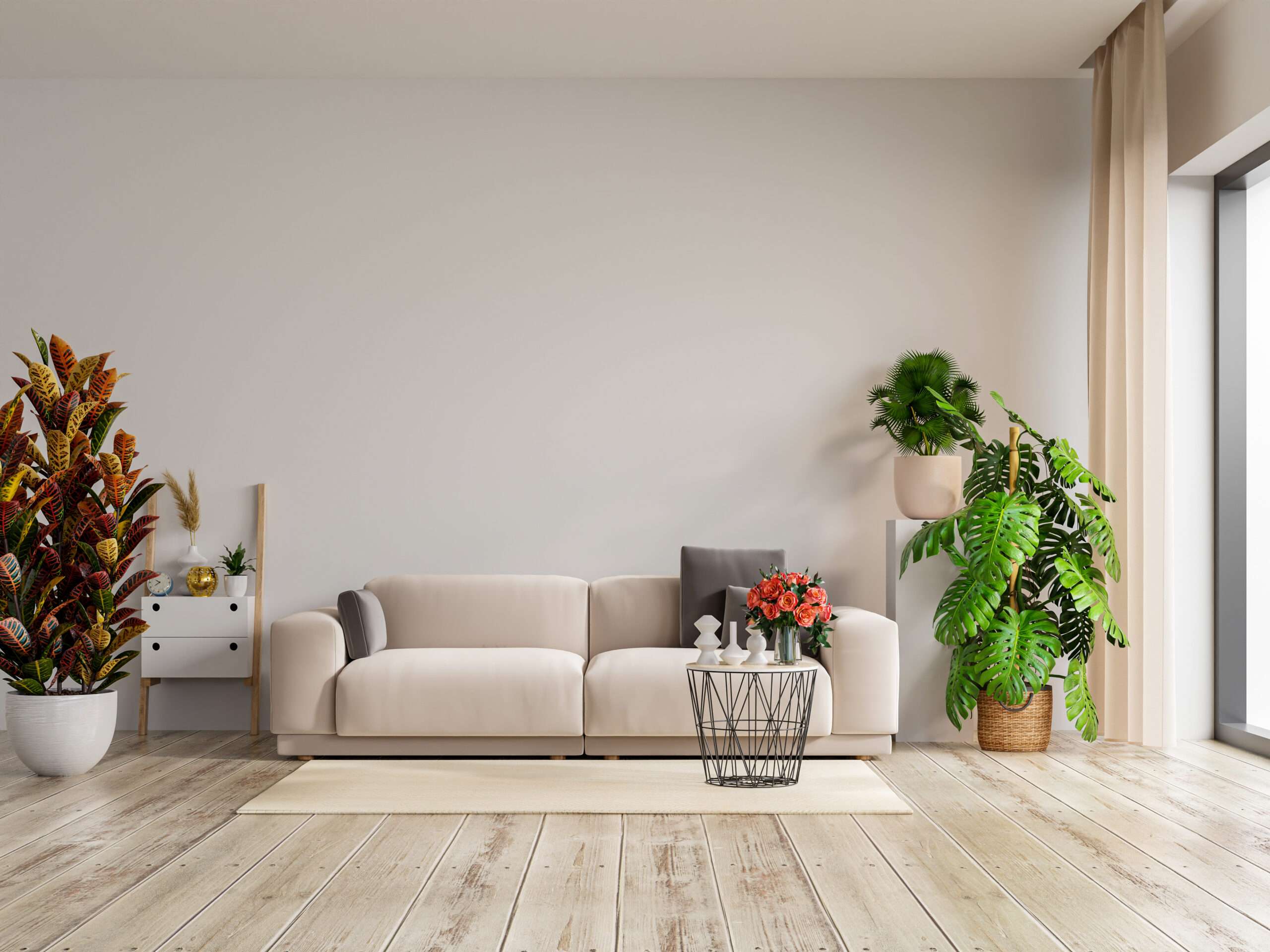 Living room wall mockup in bright tones with have sofa and plant with white wall background. american sofa
