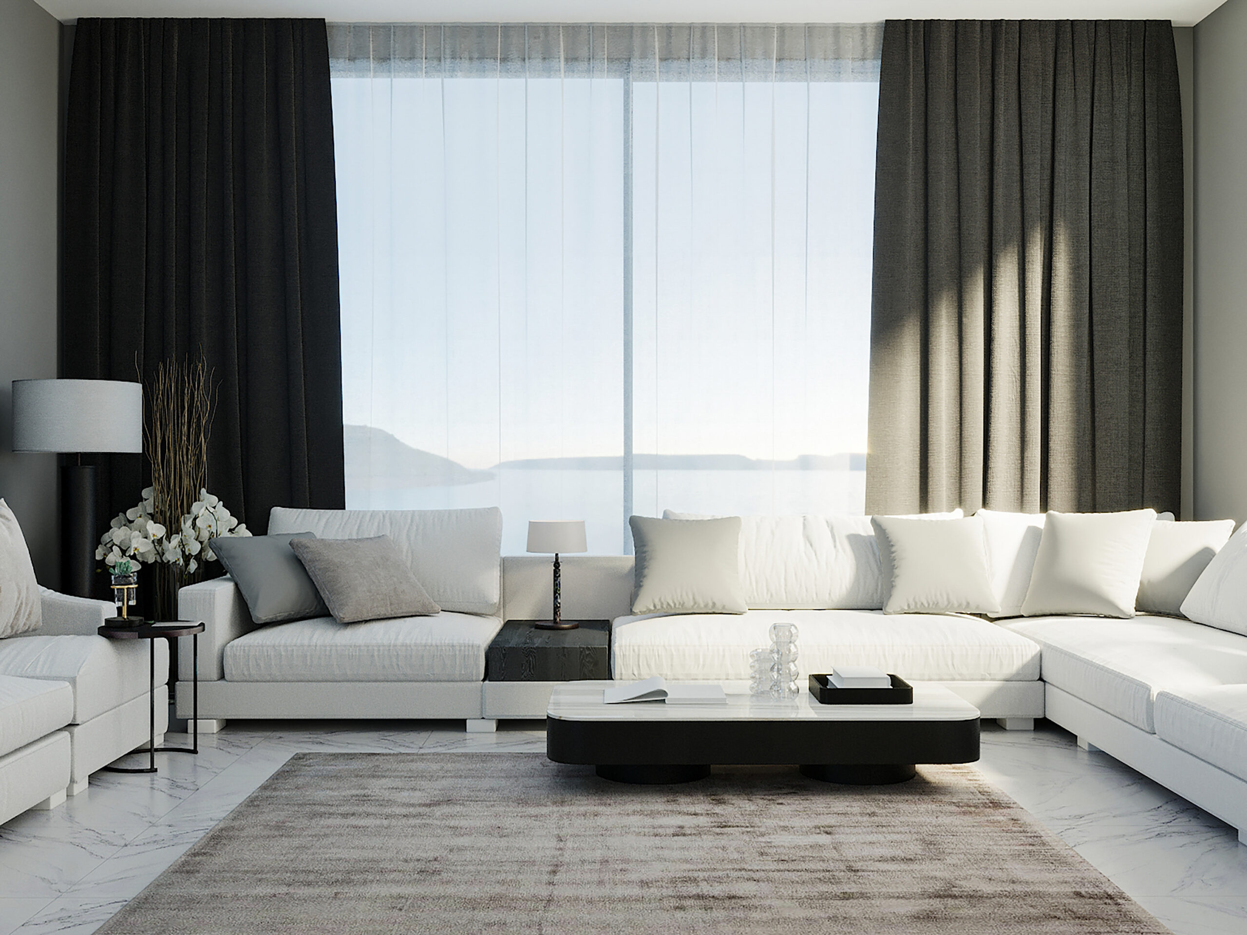 White corner sofa in luxury living guest room with black curtain Best Furniture store in Riyadh