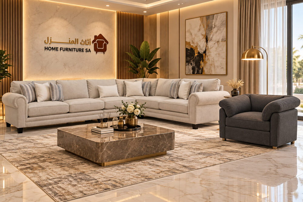 Aurelia Grand beige corner sofa set with two dark accent chairs in Riyadh