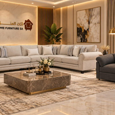 Aurelia Grand beige corner sofa set with two dark accent chairs in Riyadh