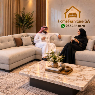 Lunara Luxe beige L-shape sectional sofa with chaise in a modern Riyadh living room