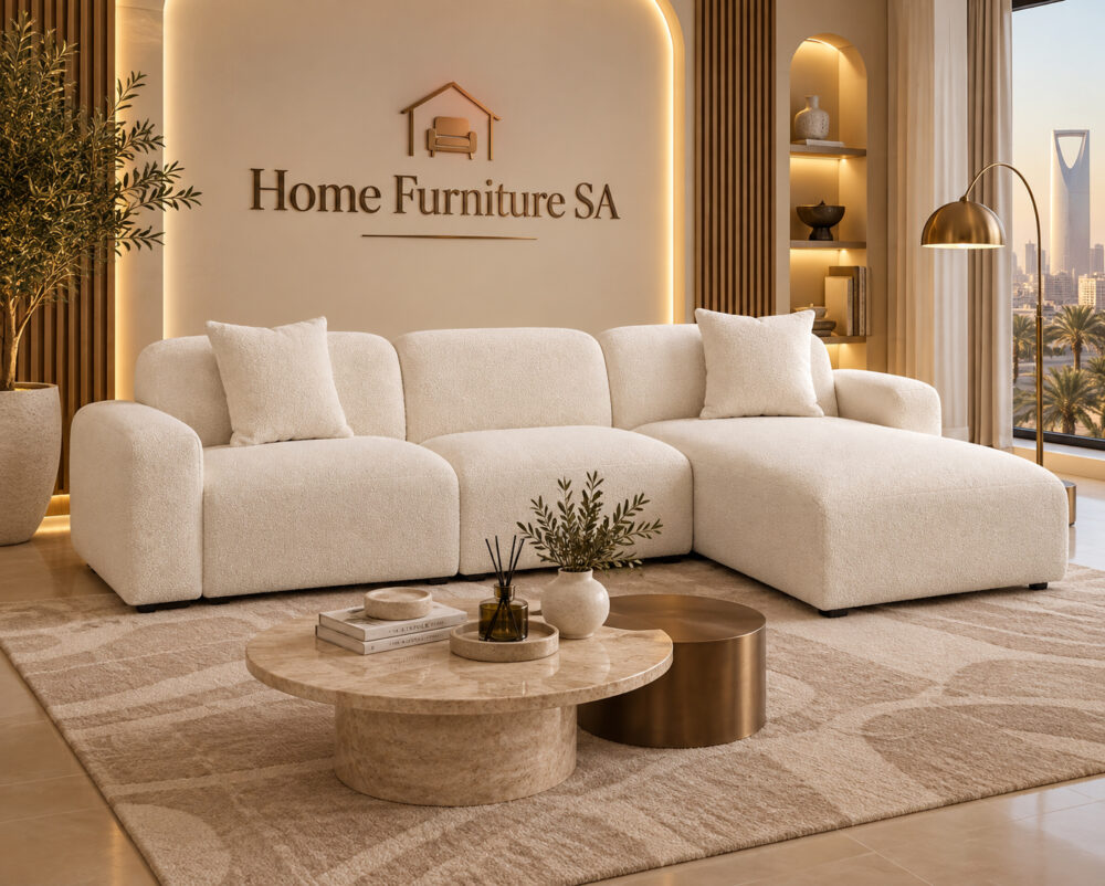 Cream L-shaped sofa with chaise in a modern living room
