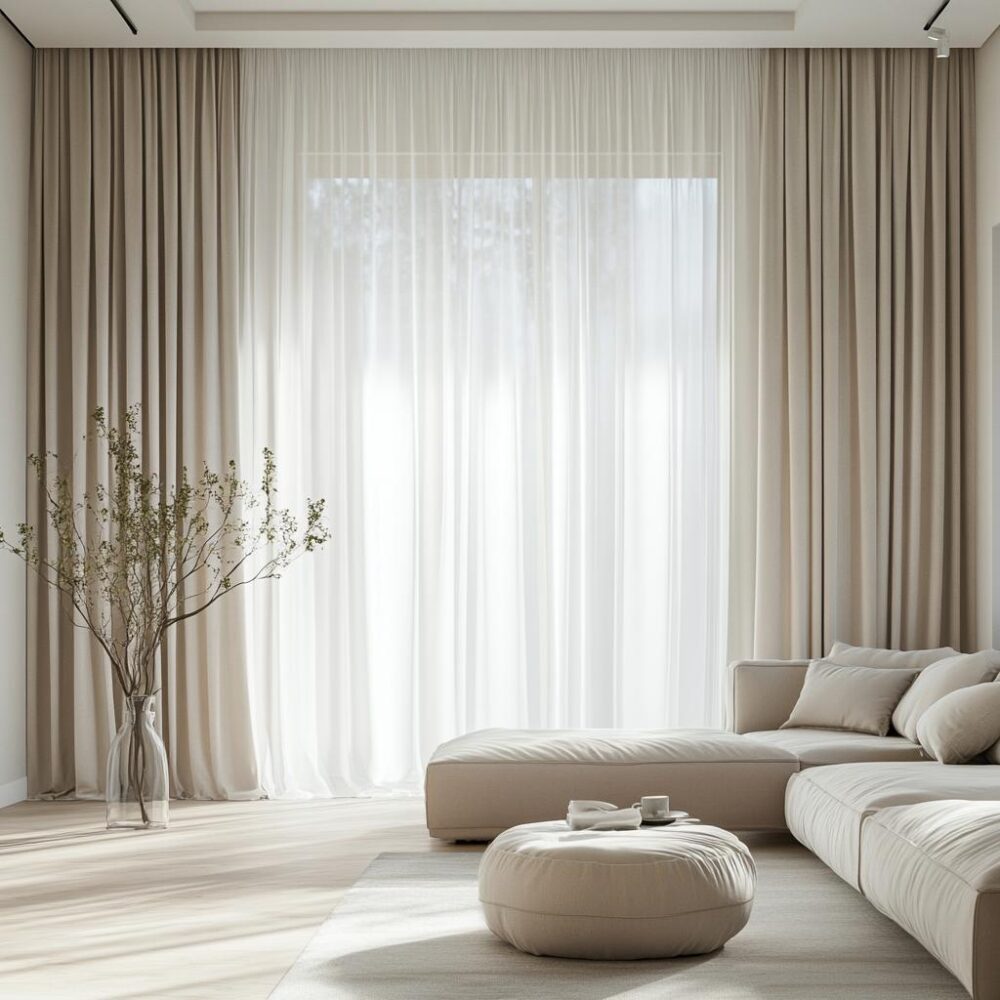 Full-length beige blackout and white sheer curtains in a modern living room