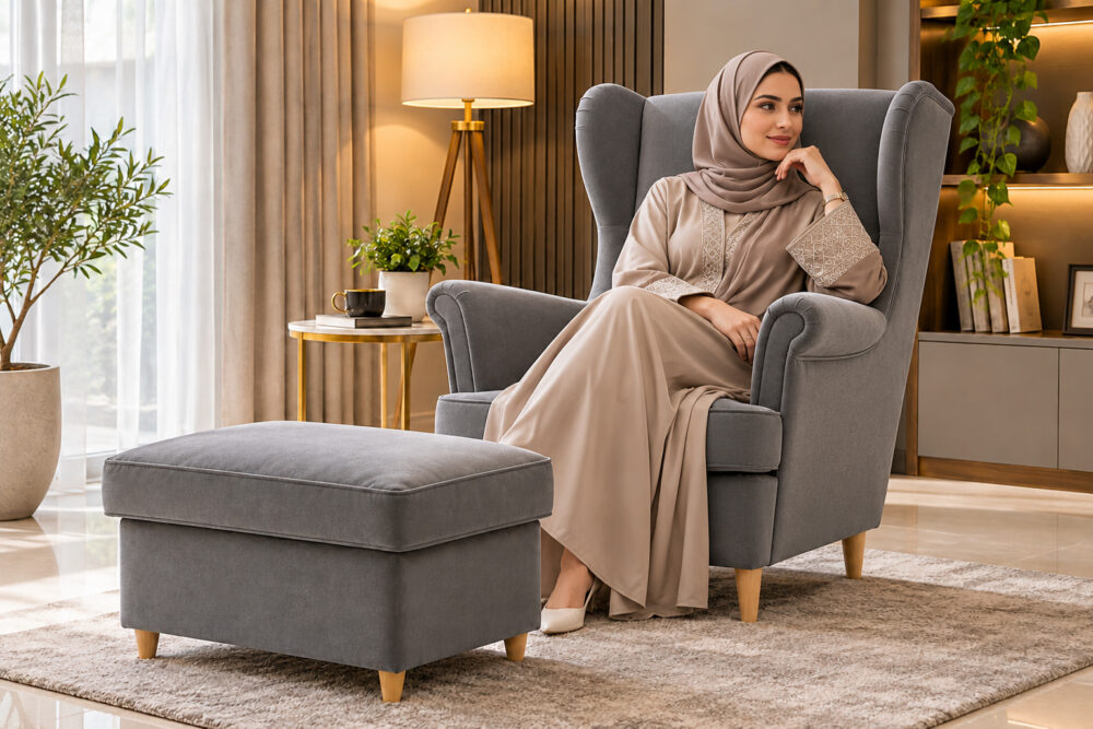 Gray wingback chair with matching ottoman