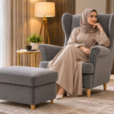 Gray wingback chair with matching ottoman