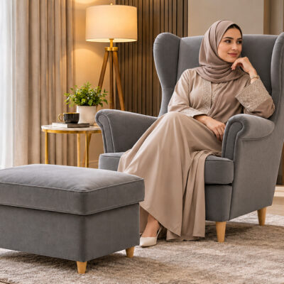 Gray wingback chair with matching ottoman