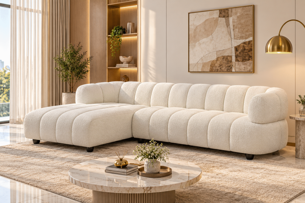 Lunara cream corner sofa with rounded arms and chaise longue