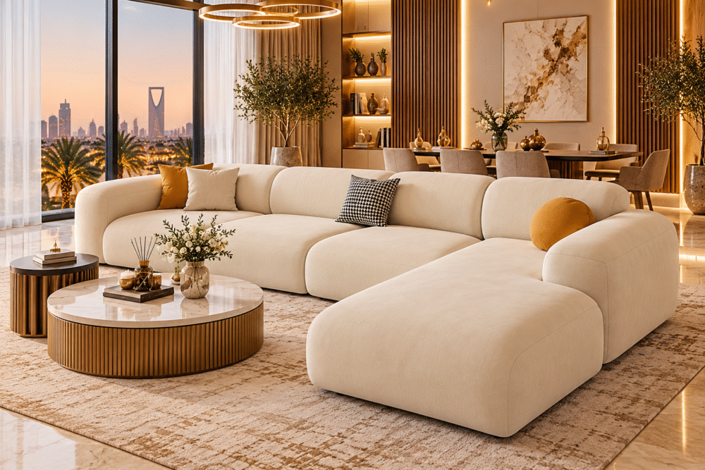 Solara Curve cream-beige L-shaped sofa with rounded cushions in a luxury living room