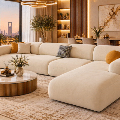 Solara Curve cream-beige L-shaped sofa with rounded cushions in a luxury living room