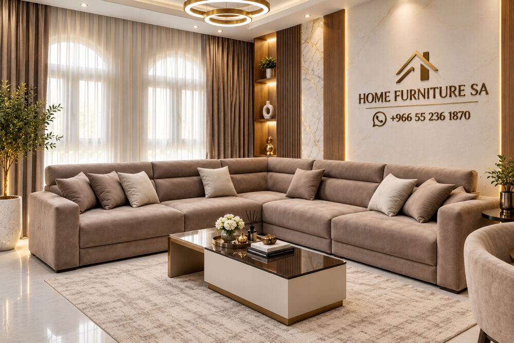 Modern beige corner sofa in a bright Riyadh living room with large windows