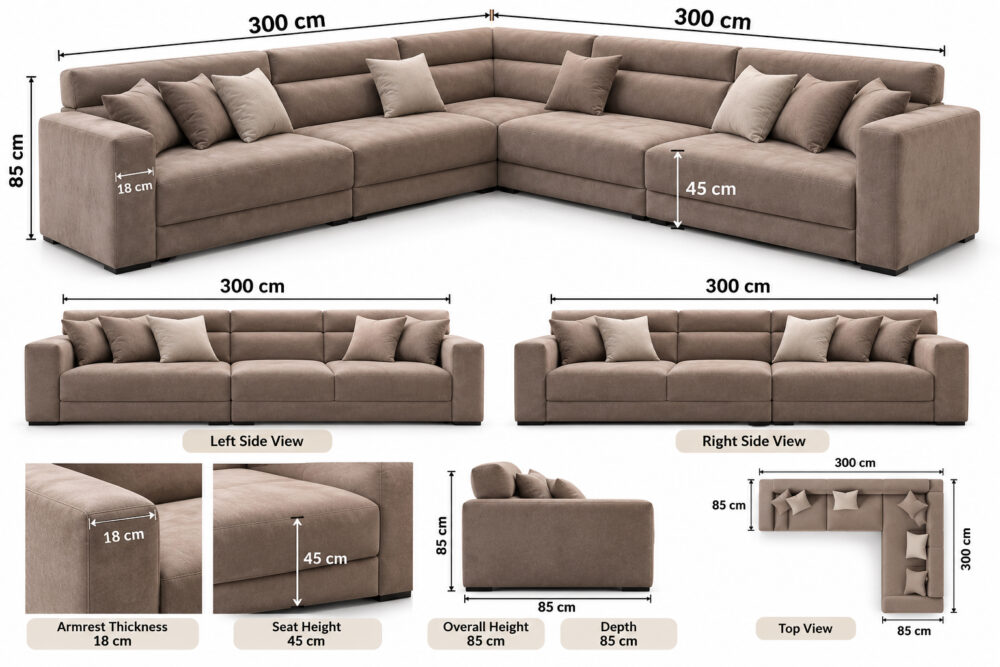 Dimension diagram of modern beige corner sofa
