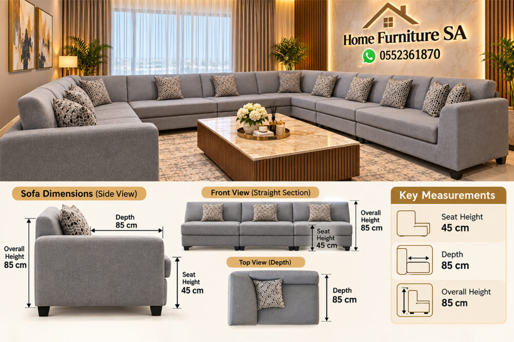 Grey U-shaped sectional sofa dimensions showing 45 cm seat height and 85 cm depth