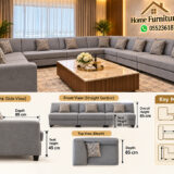 Grey U-shaped sectional sofa dimensions showing 45 cm seat height and 85 cm depth