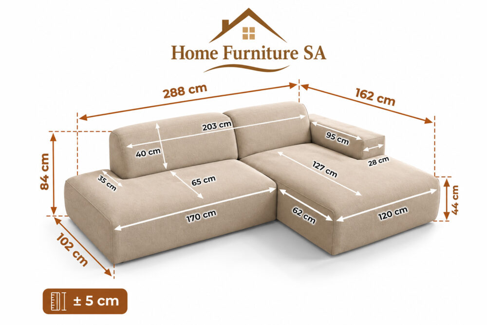 Lunara beige corner sofa with chaise and dimension labels